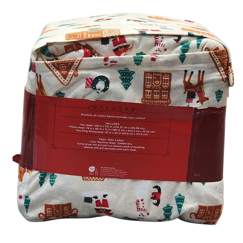 Christmas Flannel Sheet Set King Winter Holiday Santa Gingerbread 4pc